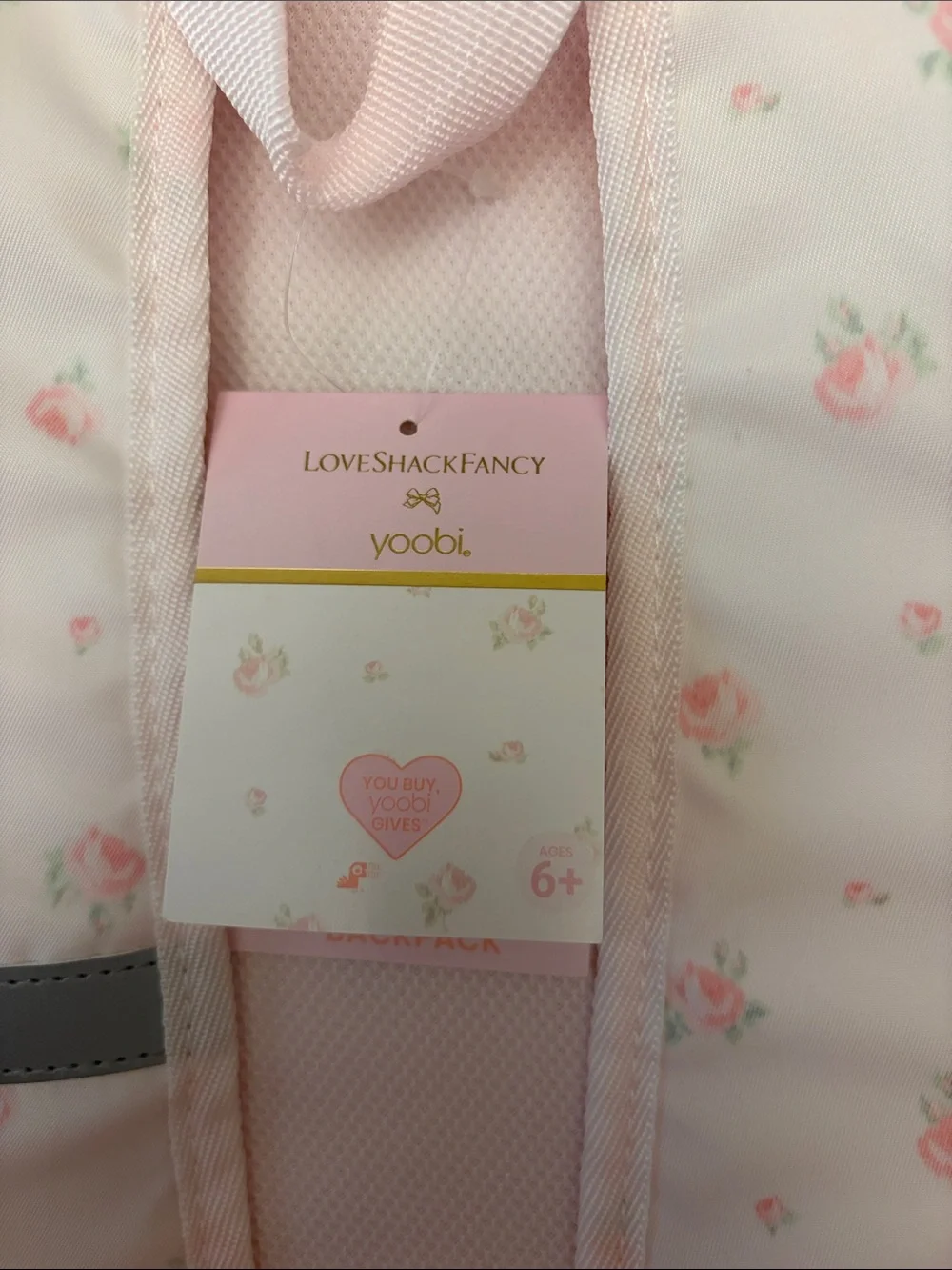LoveShackFancy Pale Pink Quilted Bow Backpack with Rose Print
